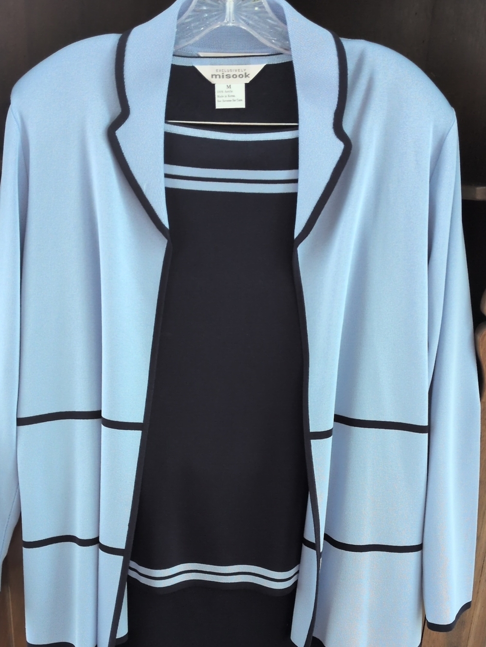 Misook Light Blue & Navy Open Knit Cardigan & Dress Set w/ Contrast Trim- Size M